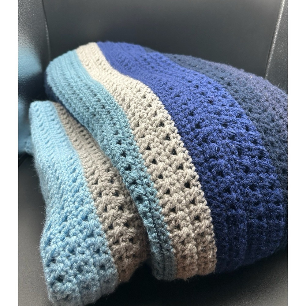 Handmade Crochet Afghan Blanket Throw Approximately 66" X 70" Blue Navy Gray
